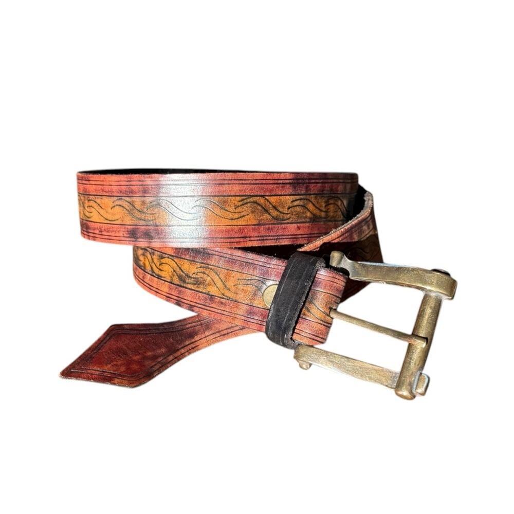 Vintage 1970s Hand Tooled Leather Belt Brass Buckle Western Boho Groovy 34–38in